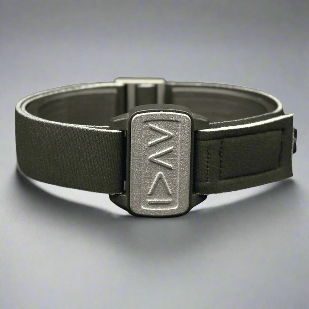 Dexband armband cover in pewter with motif I am Greater in symbols. Black strap edged in coordinating pewter.