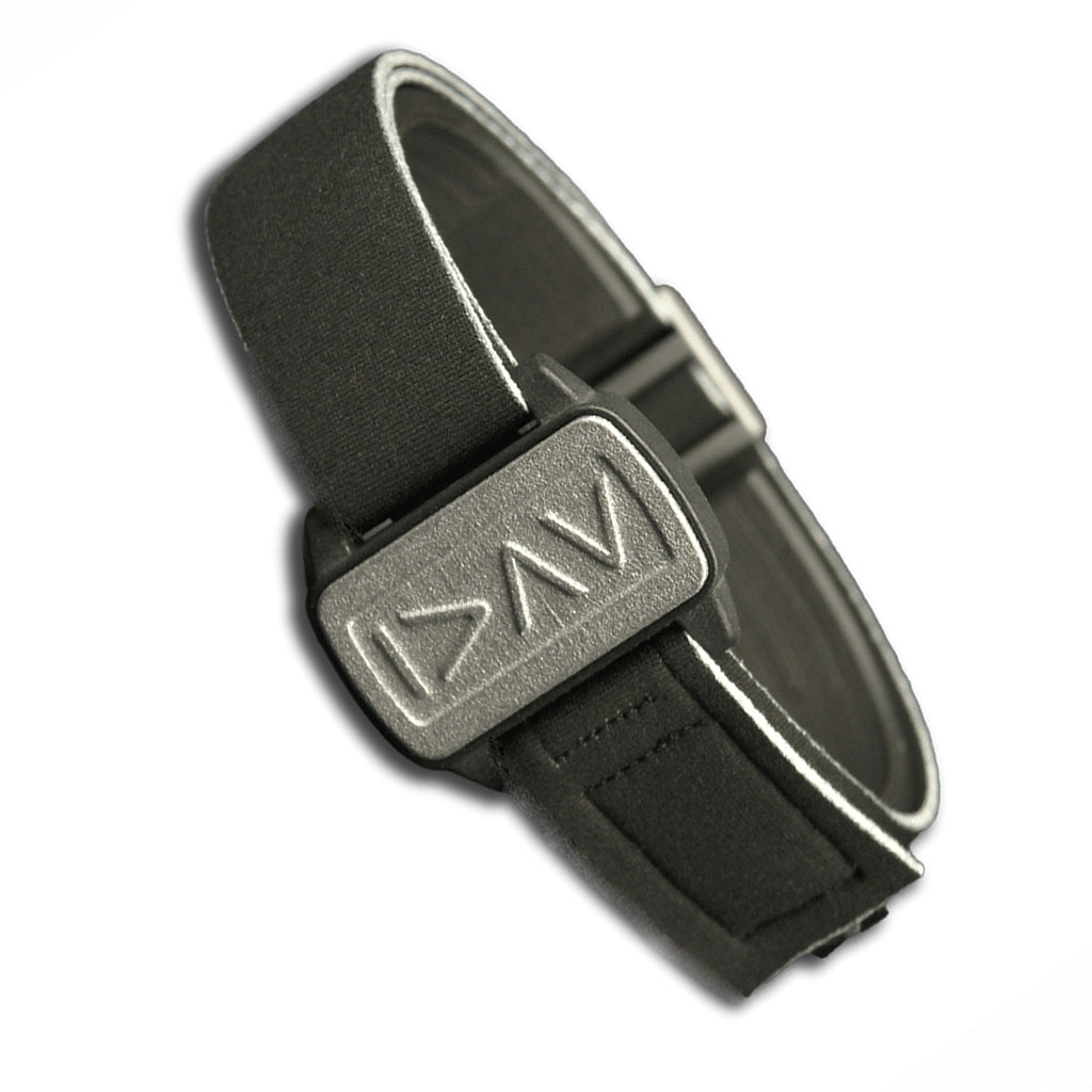 Dexband armband cover in pewter with motif I am Greater in symbols. Black strap edged in coordinating pewter. Shown at angle.