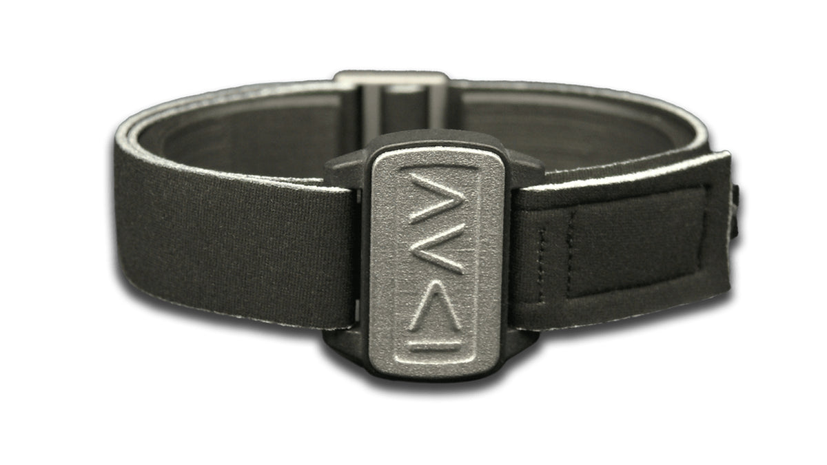Dexband armband cover in pewter with motif I am Greater in symbols. Black strap edged in coordinating pewter.