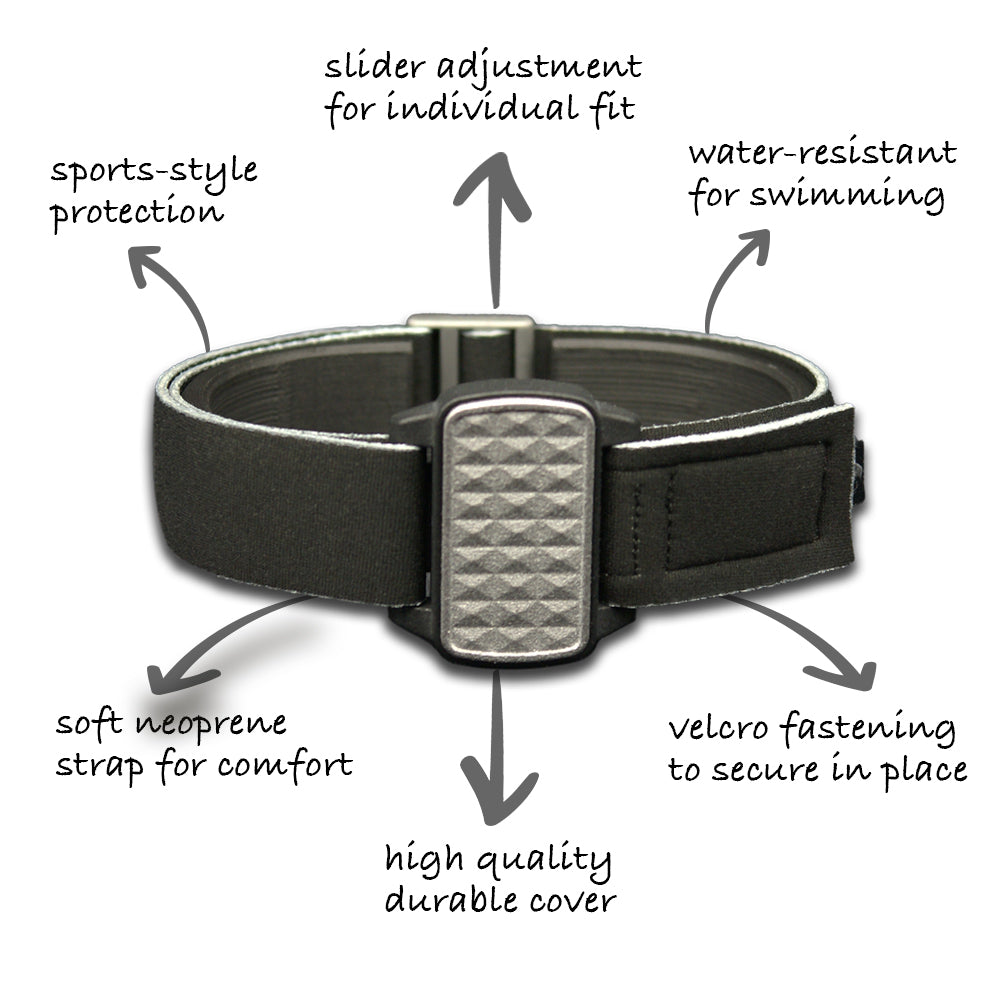 Highlights of design features of Dexband armband covers. Protection for Dexcom G6 sensor cgm from Love My Libre.