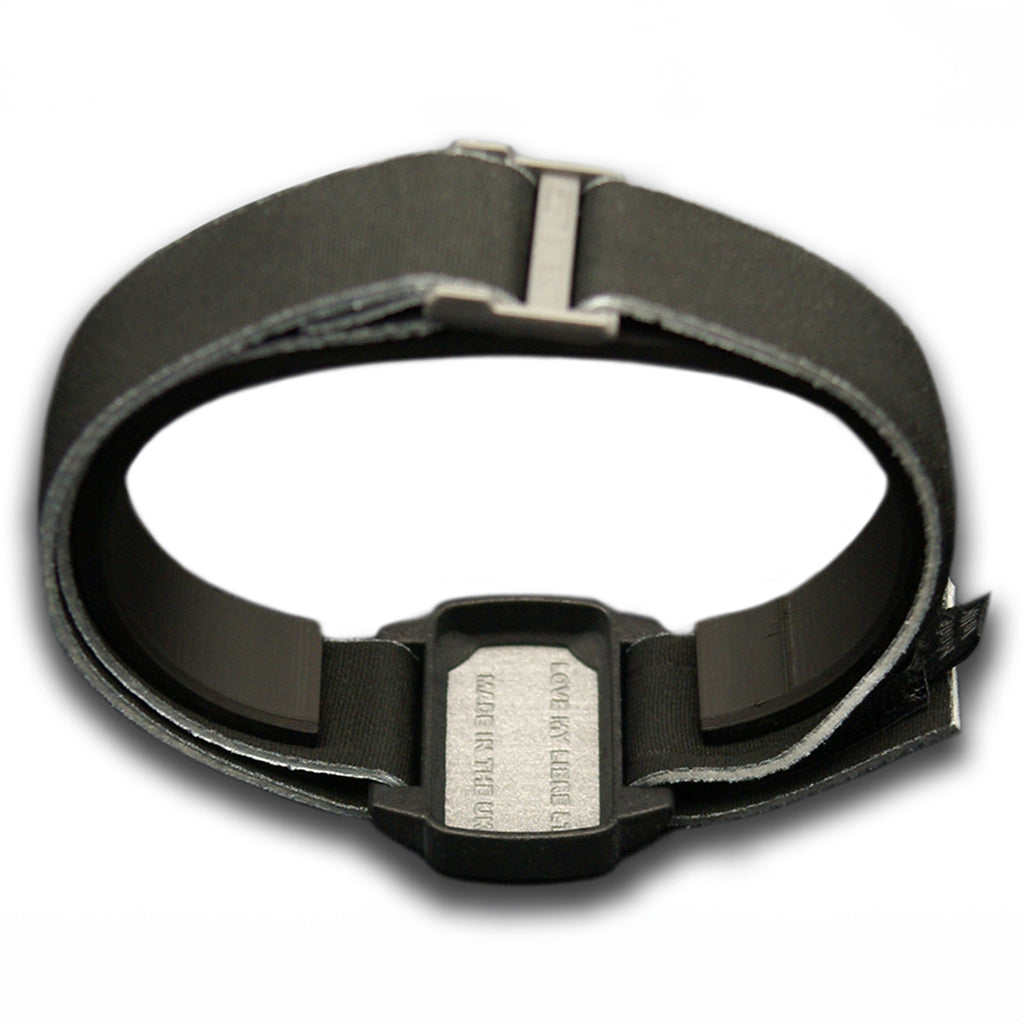 Reverse image of Dexband armband with black strap and pewter cover. 