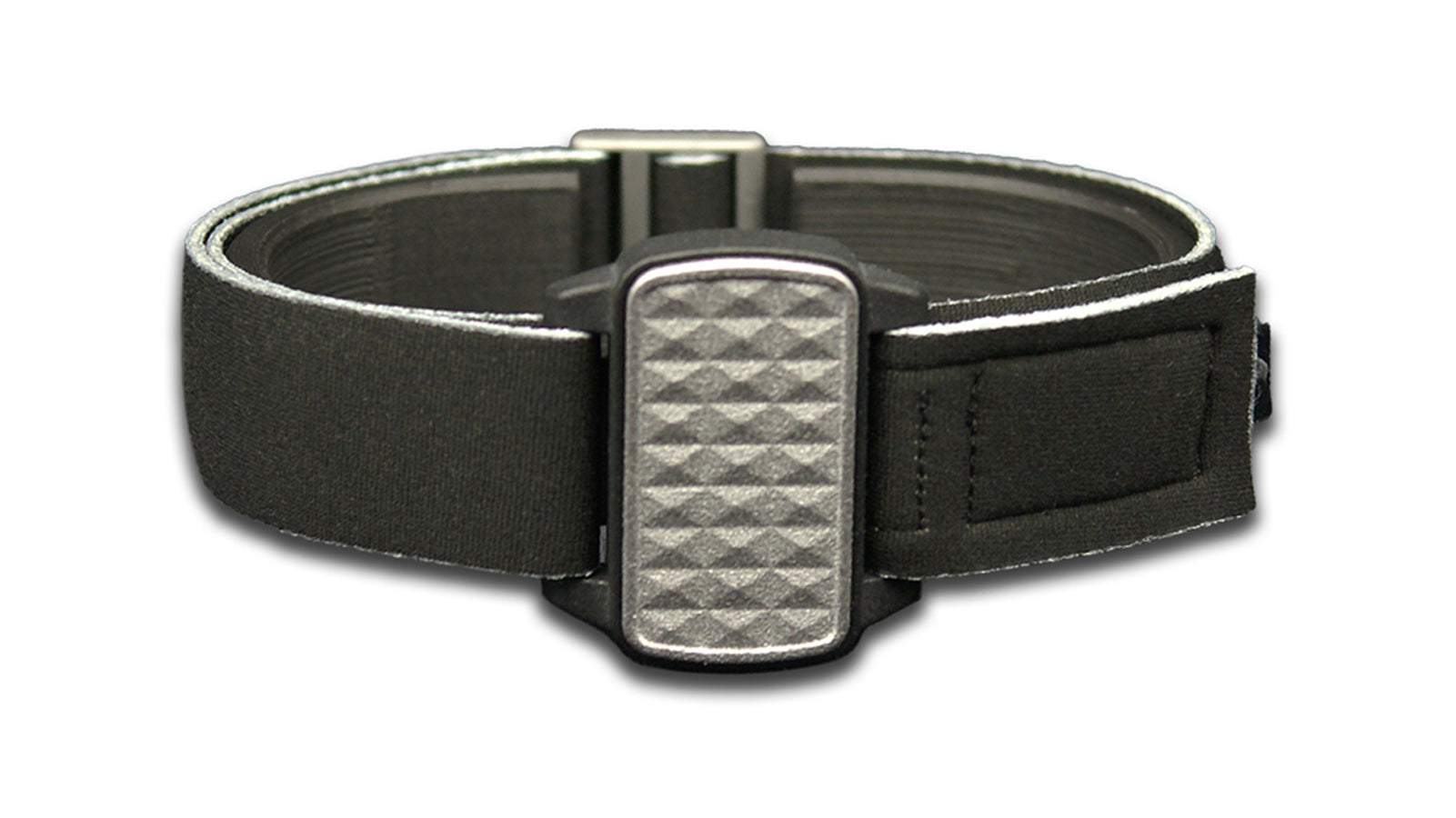 Dexband armband in pewter with pyramids cover. Black strap edged in coordinating pewter.