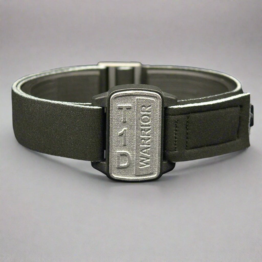 Dexband armband cover in pewter with motif T1D Warrior. Black strap edged in coordinating Pewter.