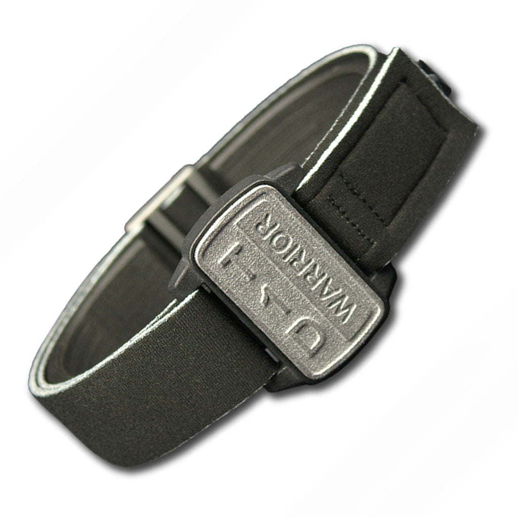 Dexband armband with black strap and pewter cover with T1D Warrior wording. Shown at 45 degree angle.