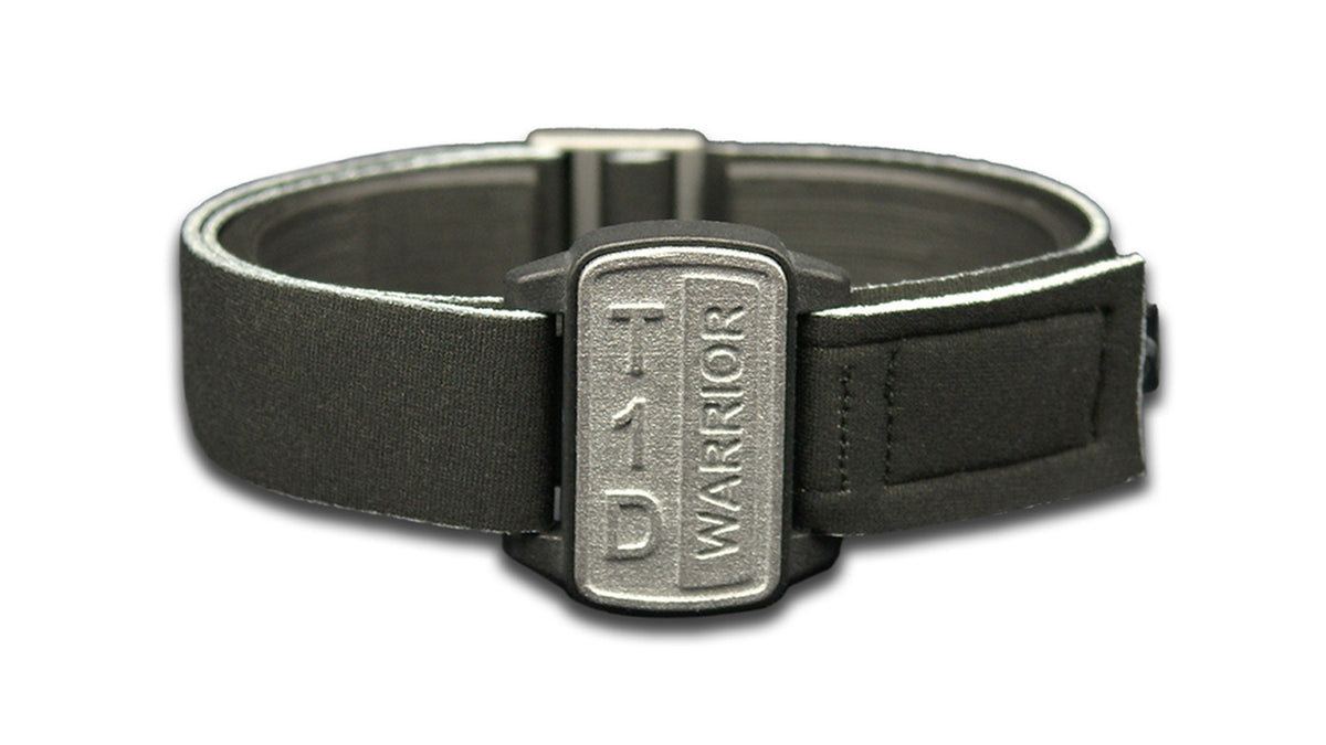 Dexband armband cover in pewter with motif T1D Warrior. Black strap edged in coordinating Pewter