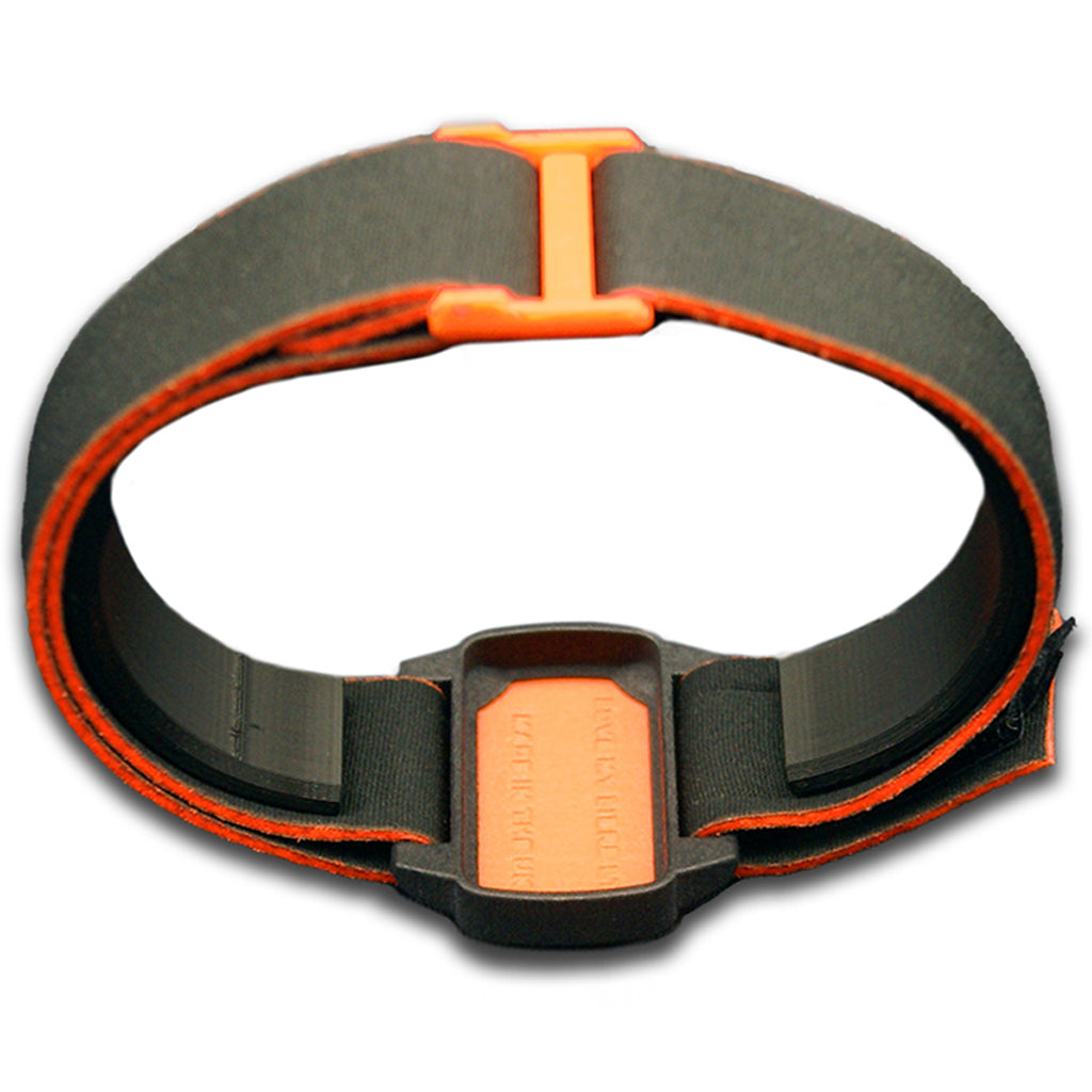 everse image of Dexband armband with black strap and orange cover for Dexcom G6 sensor.