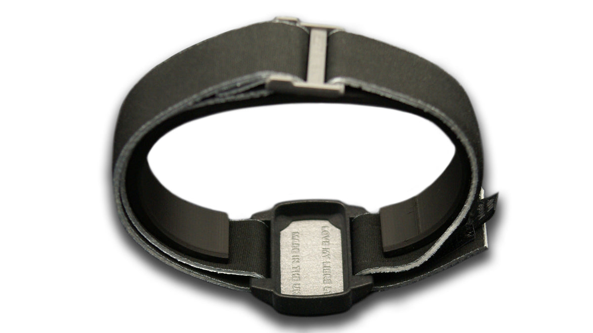 Reverse image of Dexband armband cover with black strap and pewter cover.
