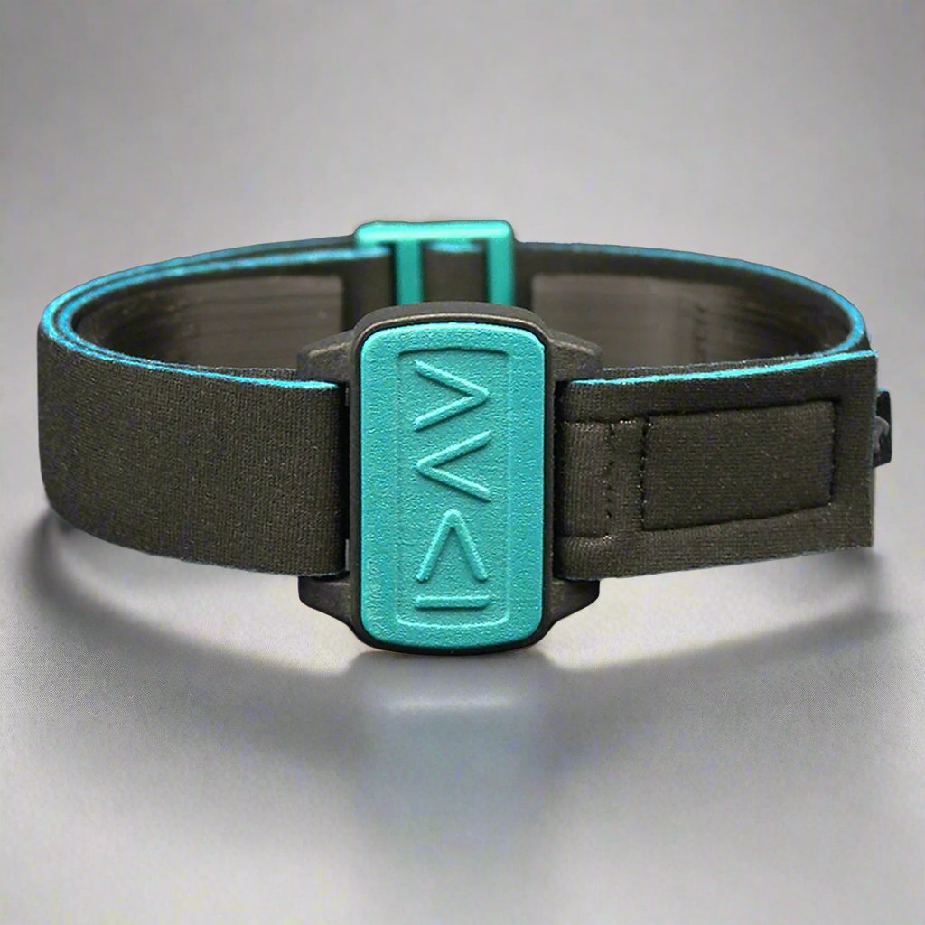 Dexband armband for Dexcom G6 &amp; ONE cgm with black strap and teal cover showing symbols for I am greater.