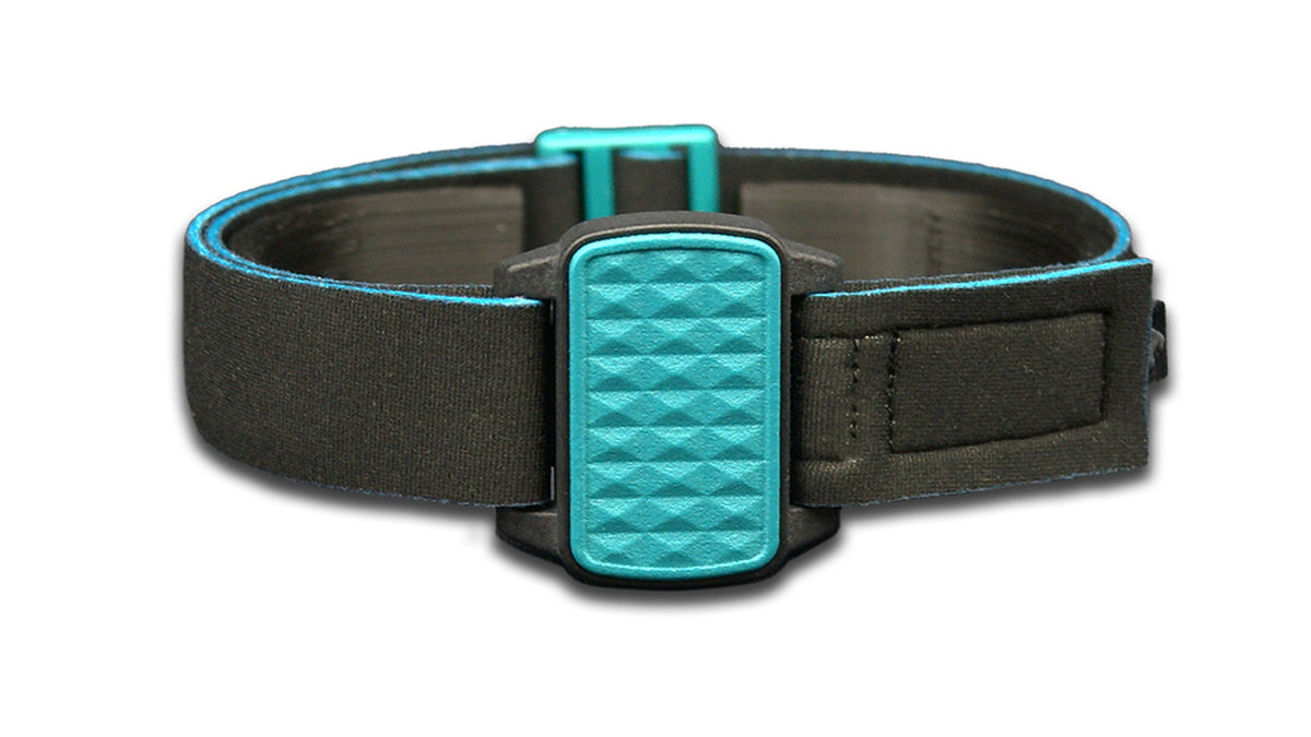 Dexband armband cover in teal with pyramids design. Black strap edged in coordinating teal. 