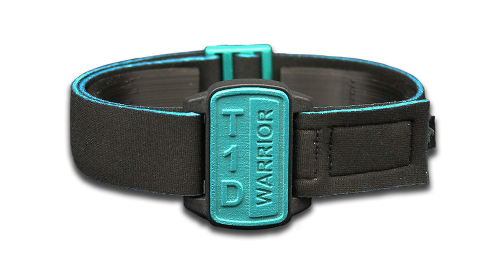 Dexband armband with black strap and teal cover with T1D Warrior wording.