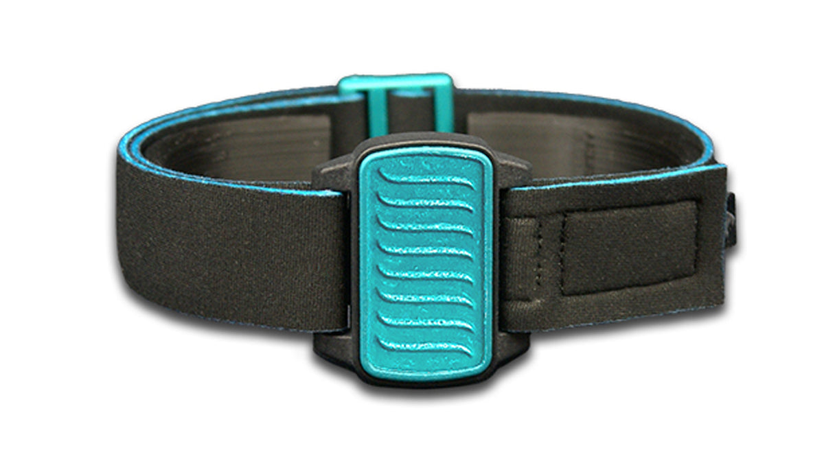 Dexband armband for Dexcom G6 CGM. Black strap and teal cover with Wave design.