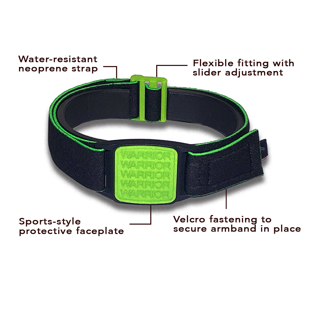 Dexband Armband for Dexcom G7, features highlighted. Green cover with Warrior design.