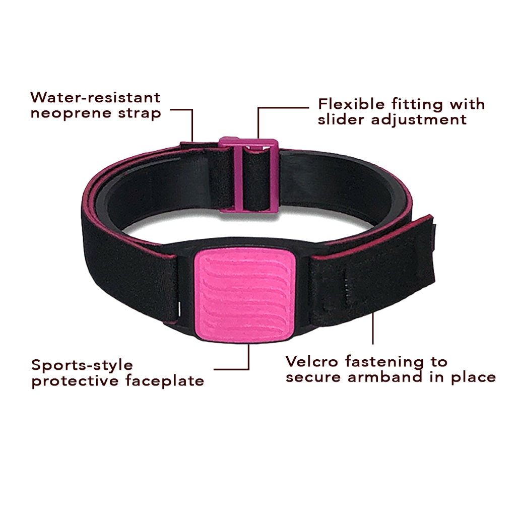 Dexband Armband for Dexcom G7, features highlighted. Magenta cover with Wave design.