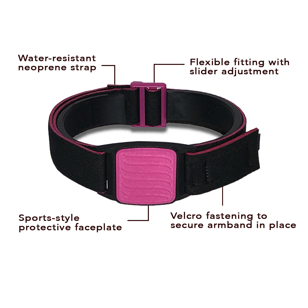 Dexband Armband for Dexcom G7, features highlighted. Magenta cover with Wave design.