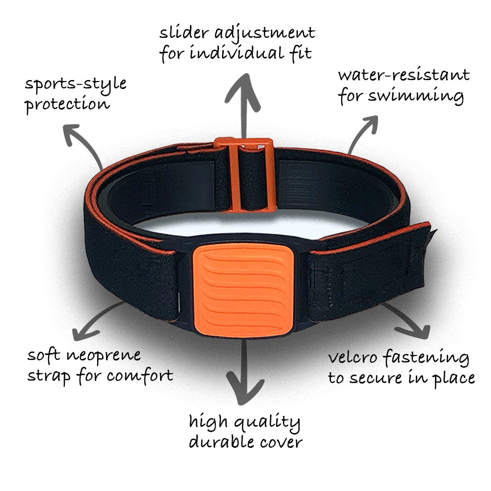 Dexband Armband for Dexcom G7, features highlighted. Orange cover with Wave design.