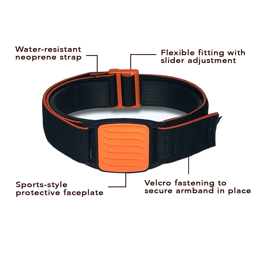 Dexband Armband for Dexcom G7, features highlighted. Orange cover with Wave design.