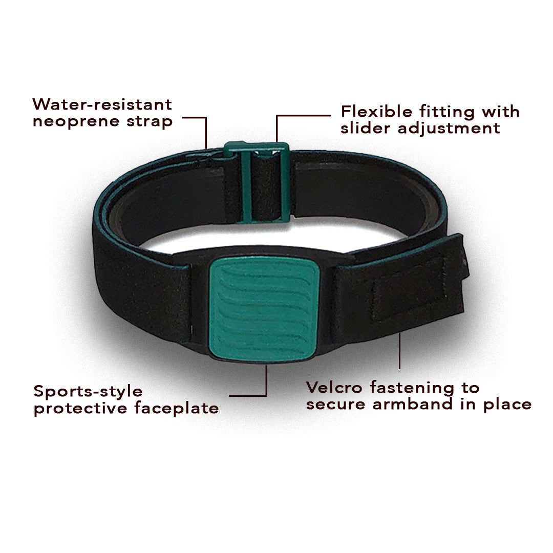 Dexband Armband for Dexcom G7, features highlighted. Teal cover with Wave design.