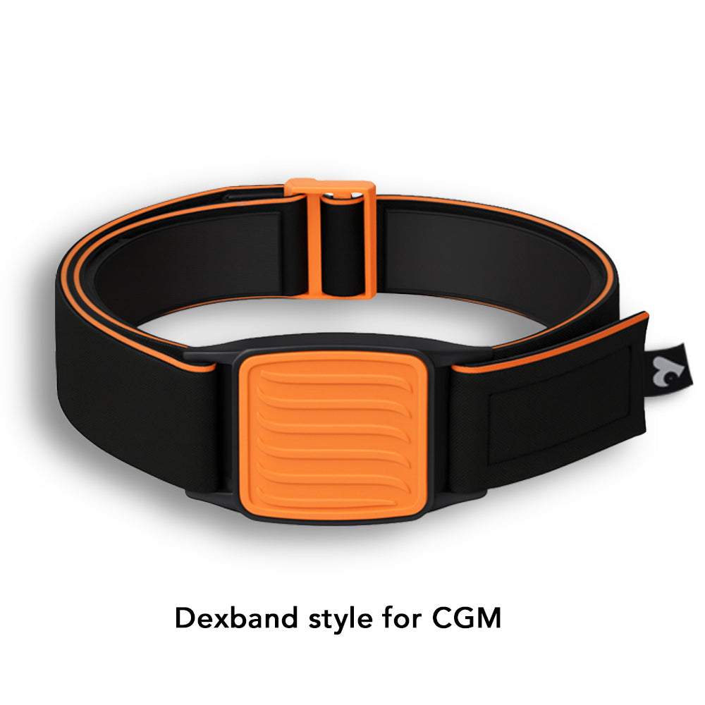 Dexband Armband for Dexcom G7, black strap with orange wave design cover. LML3866, LML3873, LML3880, LML5013.