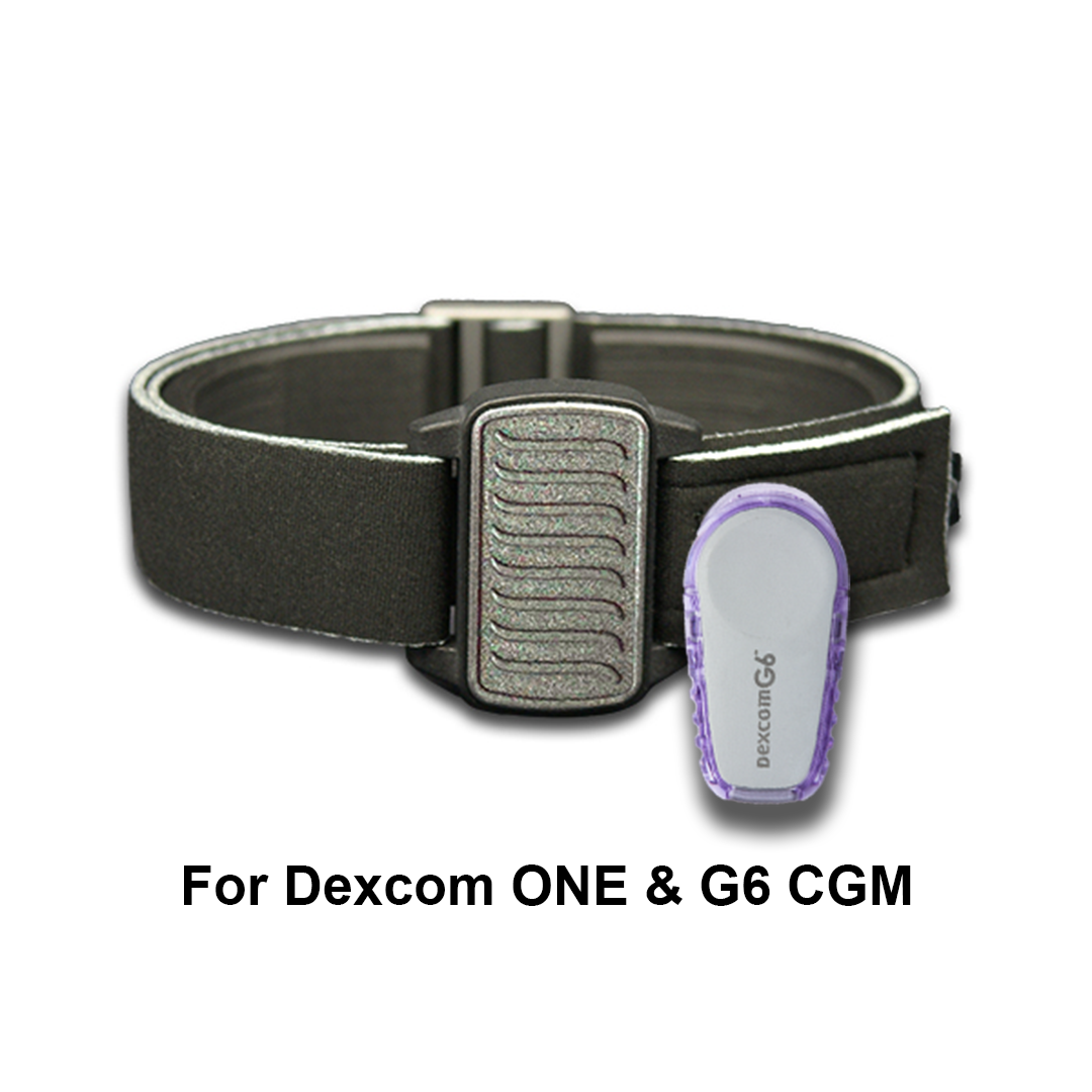 Dexband armband for Dexcom ONE or G6 CGM with black strap and pewter faceplate with wave style. Shown with G6 sensor.