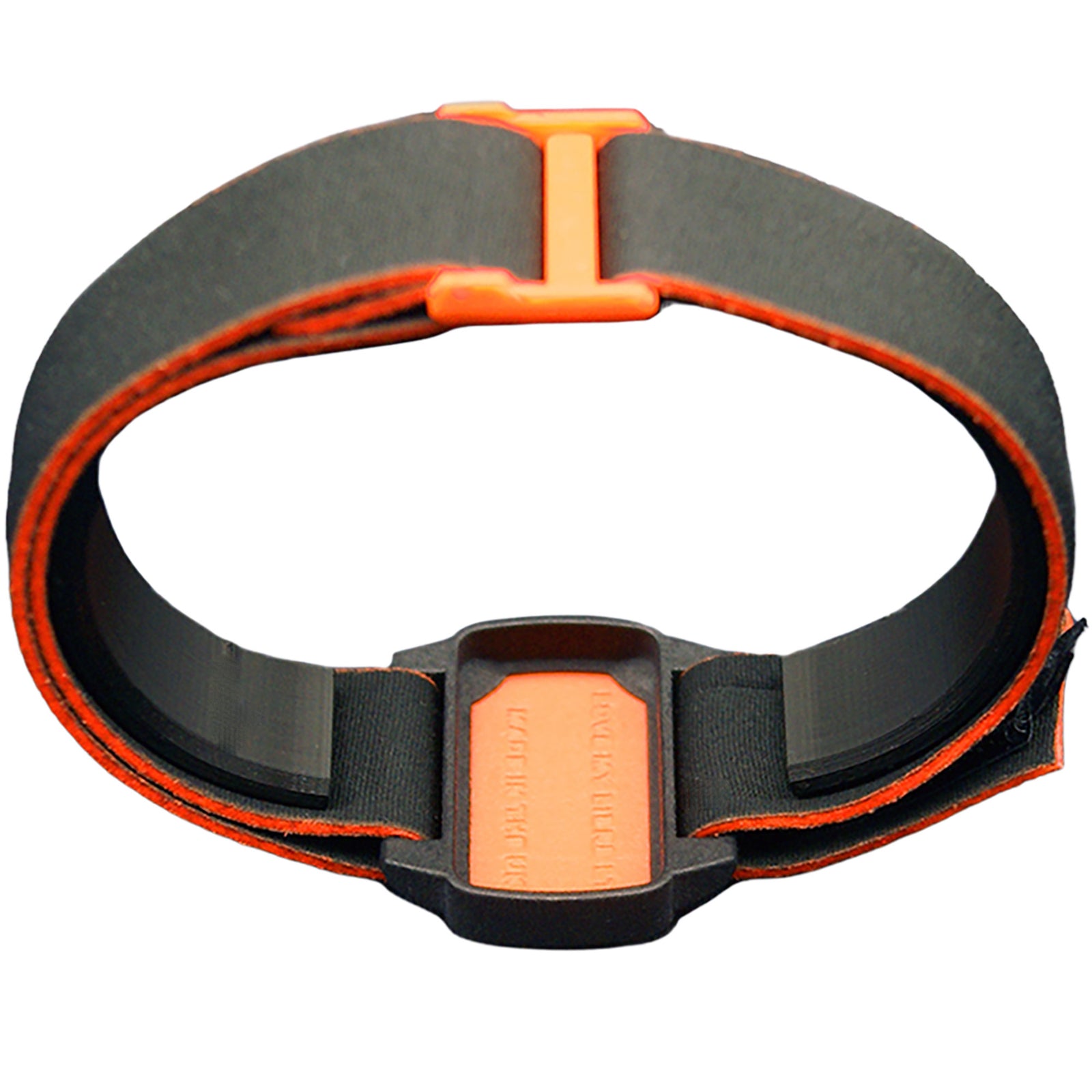 Dexband CGM armband with orange wave cover and neoprene strap, compatible with Dexcom G6 sensors, on wooden surface in outdoors setting.