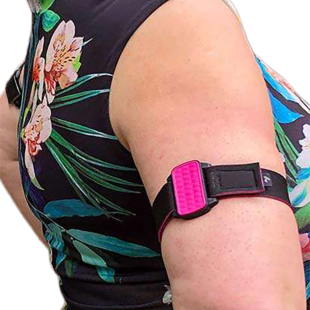 Dexband CGM armband for Dexcom G6  sensors with magenta wave cover and neoprene strap worn on upper arm. 