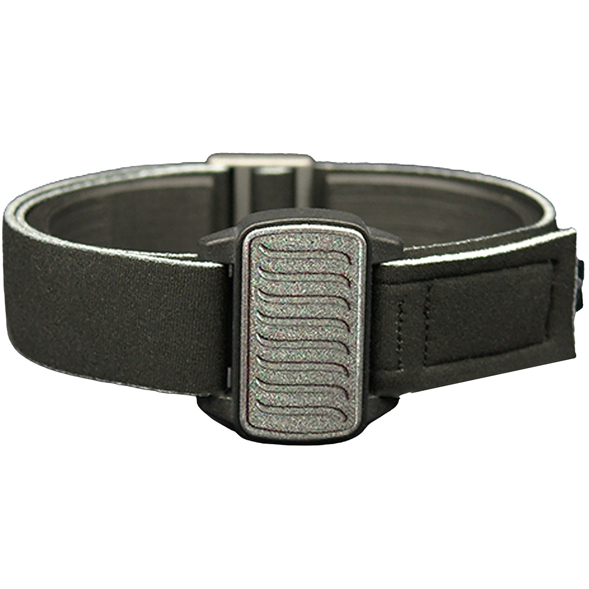 Dexband CGM armband for Dexcom G6 and ONE+ with pewter wave cover and water-resistant neoprene strap, for everyday wear, sport and swimming.