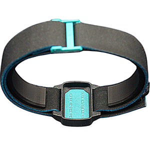 Reverse of Dexband CGM armband for Dexcom G6 and ONE+ with teal wave cover and black neoprene strap.