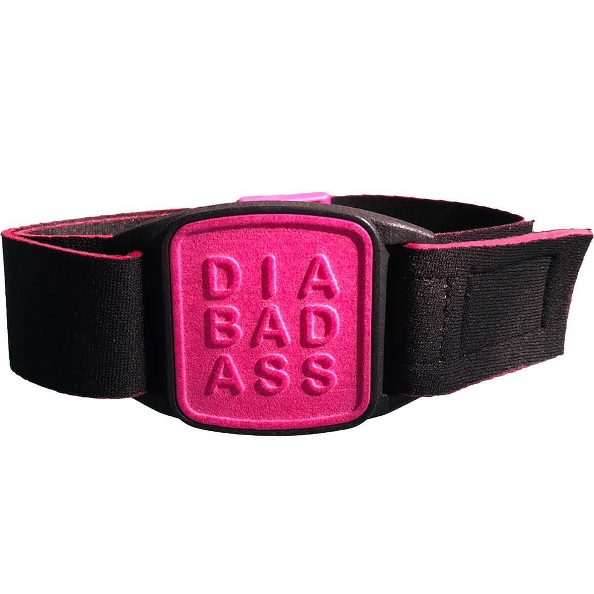 Dexband CGM armband with magenta Diabadass cover and neoprene strap, compatible with Dexcom G7 and ONE+ sensors to help reduce risk of being knocked or falling off. LML3989, LML3996, LML4009, LML4986.