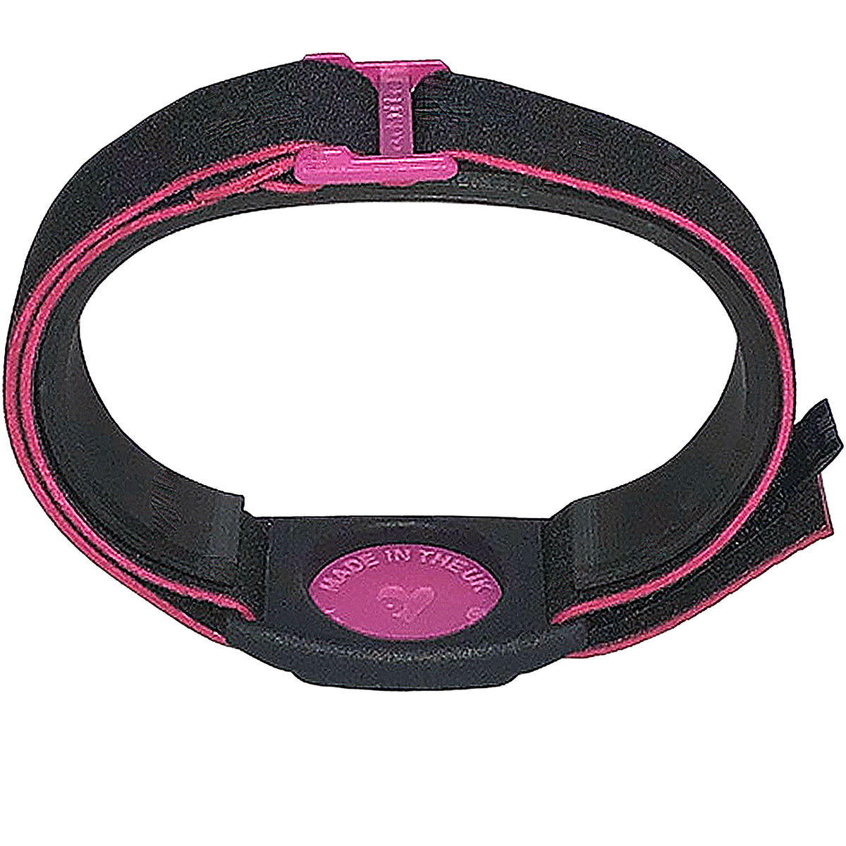 Reverse of Dexband CGM armband with magenta Diabadass cover and neoprene strap, compatible with Dexcom G7 and ONE+ sensors. LML3989, LML3996, LML4009, LML4986.