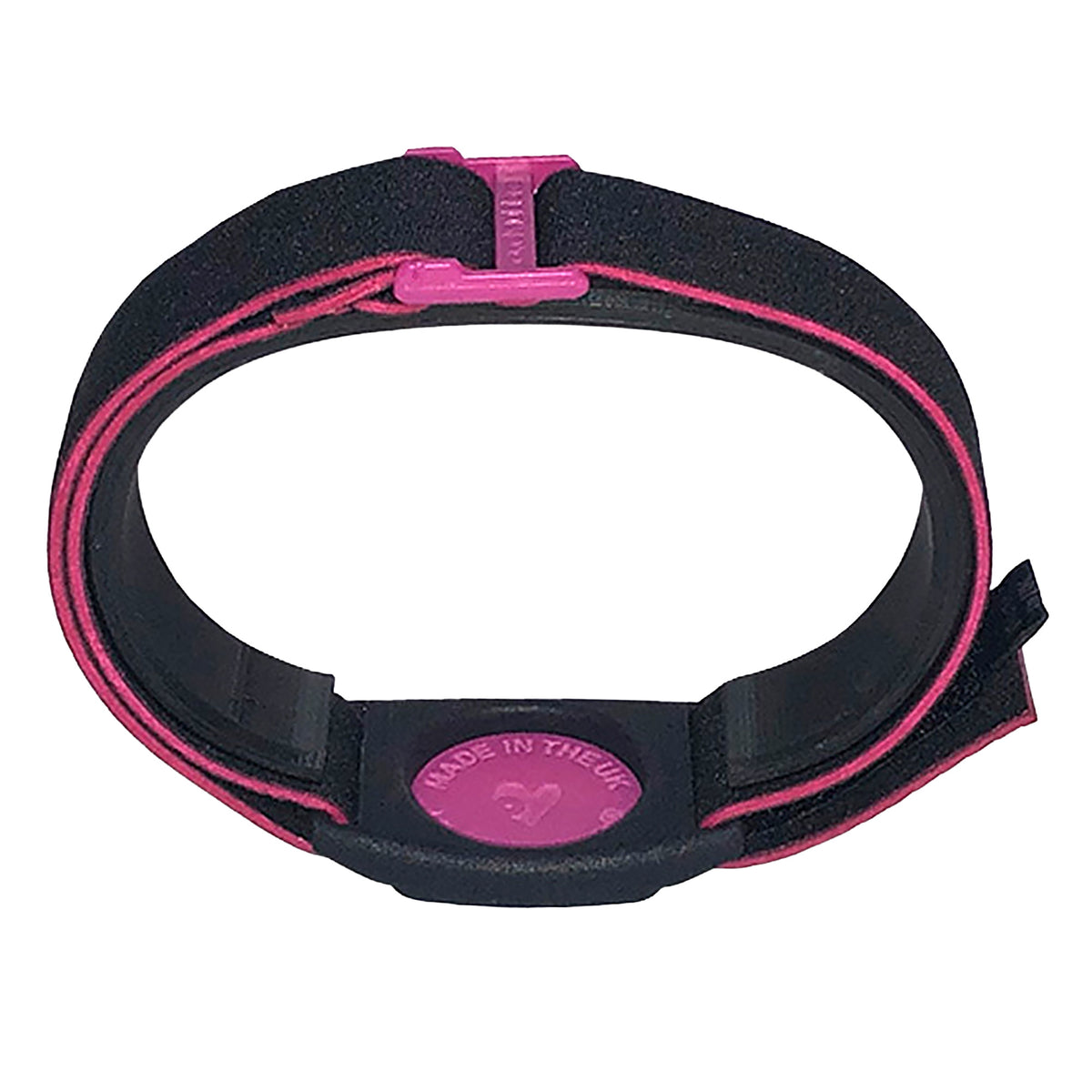Reverse of Dexband CGM armband for Dexcom G7 and ONE+ sensors with magenta cover and water-resistant neoprene strap. LML3897, LML3903, LML3910, LML4993.