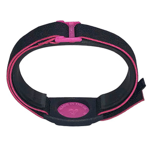 Reverse of Dexband CGM armband for Dexcom G7 and ONE+ sensors with magenta cover and water-resistant neoprene strap. LML3897, LML3903, LML3910, LML4993.