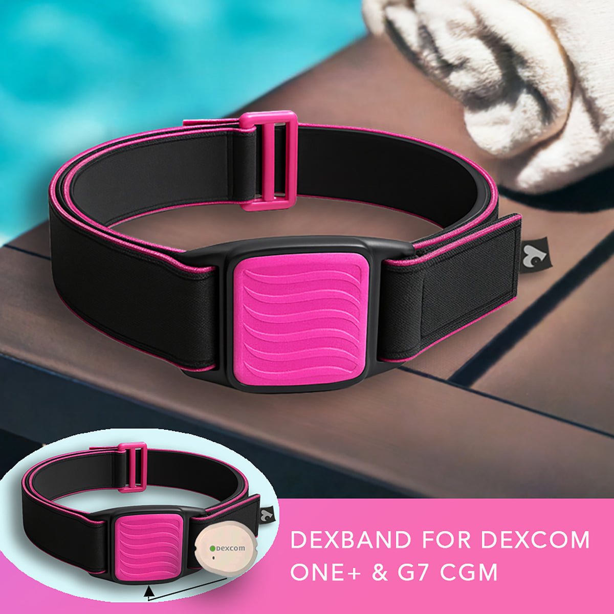Dexband CGM armband for Dexcom G7 and ONE+ sensors with magenta wave cover and neoprene strap on wooden lounger in swimming pool setting.