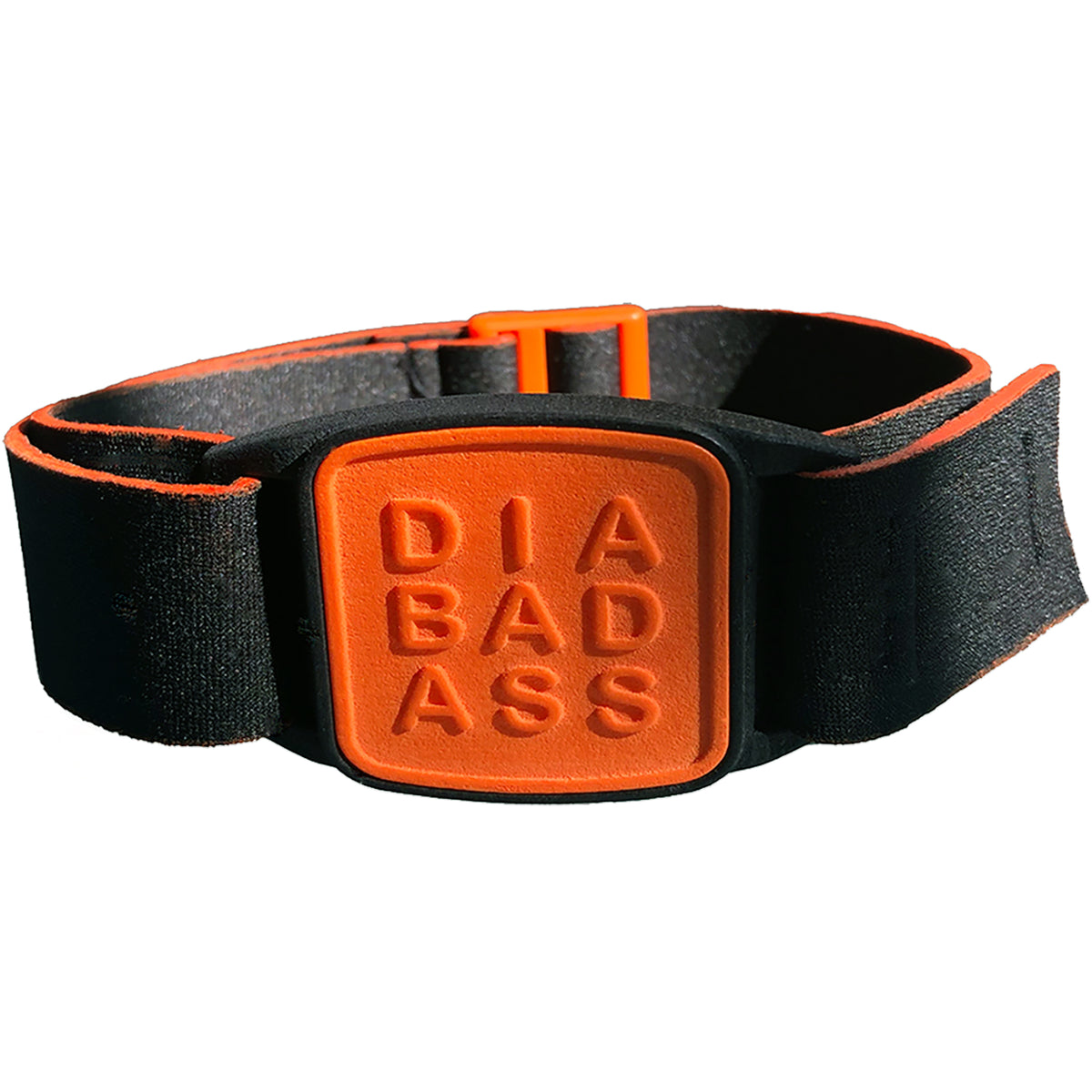Dexband CGM armband for Dexcom G7 and ONE+ sensors with orange Diabadass cover and black neoprene strap. LML4016, LML4023, LML4030, LML5006.