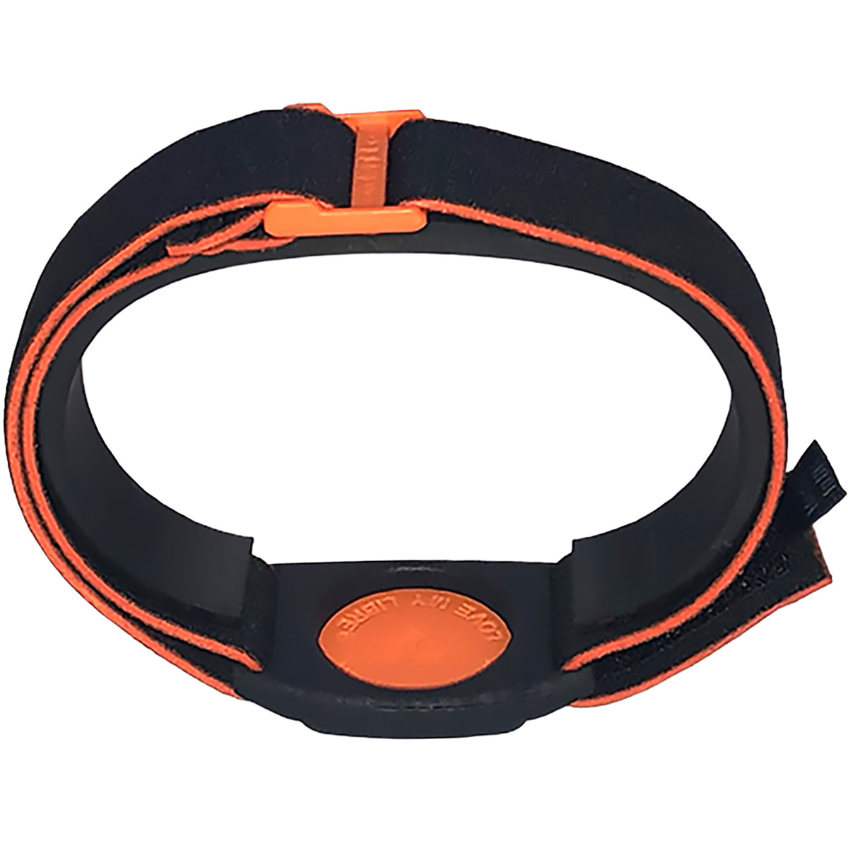 Reverse of Dexband CGM armband for for Dexcom G7 and ONE+ sensors with orange cover and black water-resistant neoprene strap. LML3866, LML3873, LML3880, LML5013.