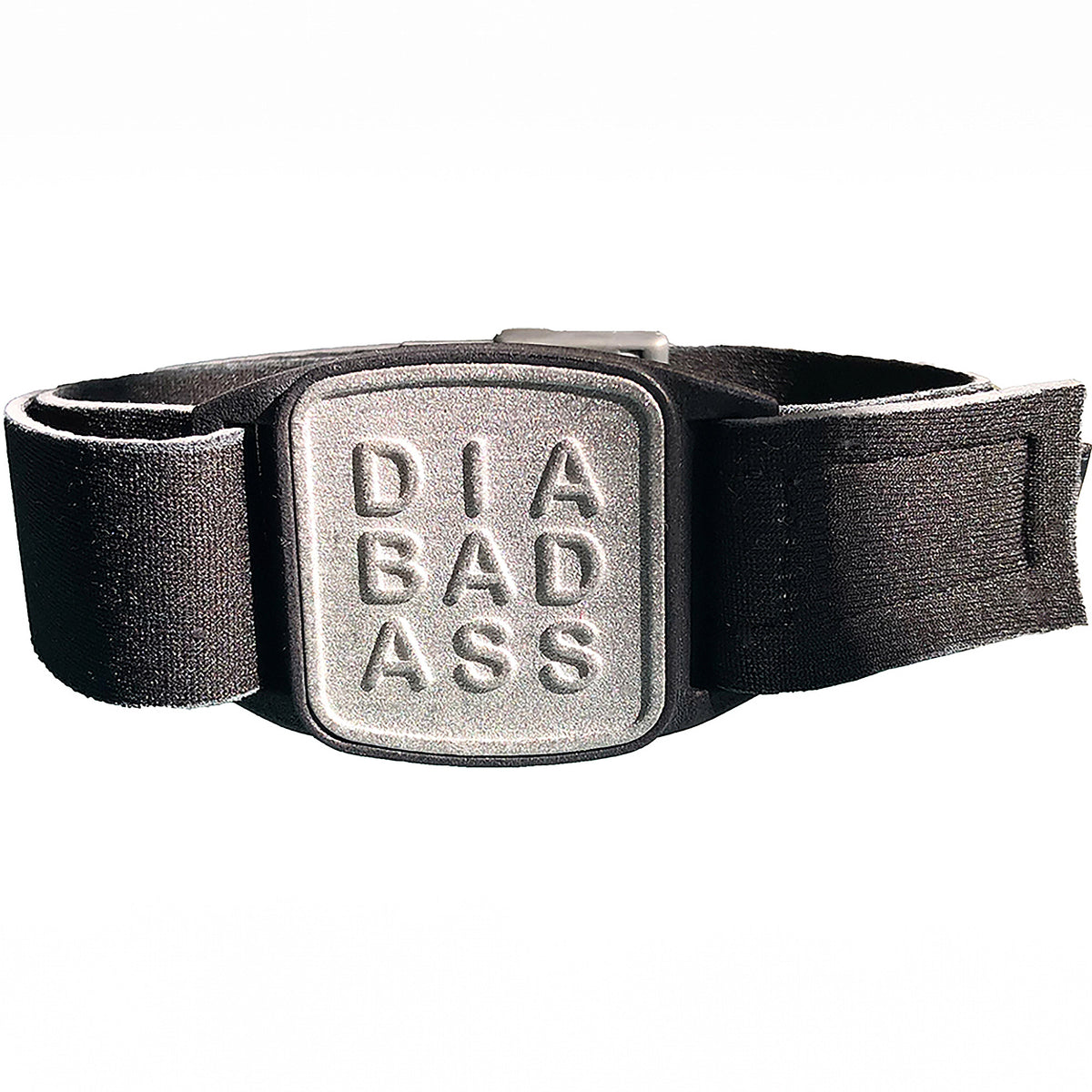 Dexband CGM armband with pewter Diabadass cover and neoprene strap, compatible with Dexcom G7 and ONE+ sensors to help reduce risk of being knocked or falling off.