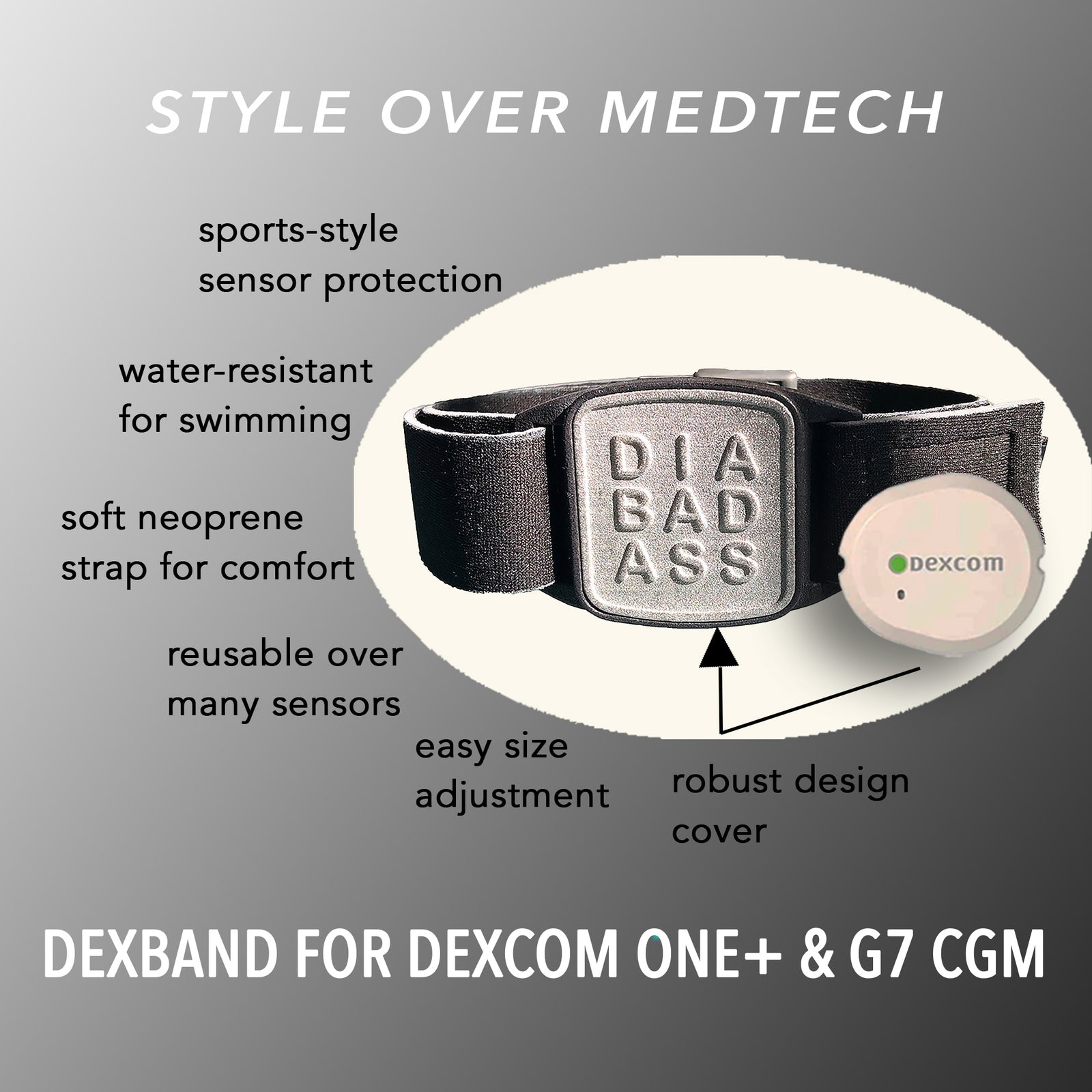 Dexband CGM armband with pewter Diabadass cover and neoprene strap, compatible with Dexcom G7 and ONE+ sensors, on wooden lounger in swimming pool setting.
