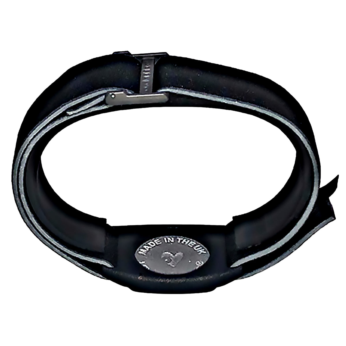 Reverse of Dexband CGM armband with pewter Diabadass cover and neoprene strap, compatible with Dexcom G7 and ONE+ sensors.