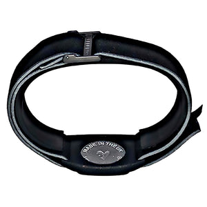 Reverse of Dexband CGM armband with pewter Diabadass cover and neoprene strap, compatible with Dexcom G7 and ONE+ sensors.