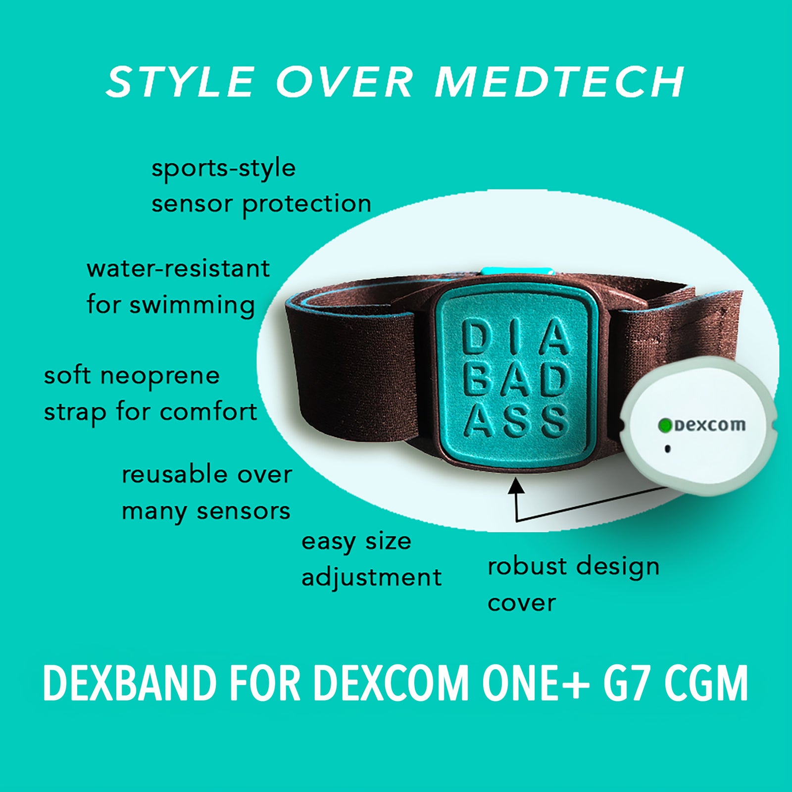 Dexband CGM armband for Dexcom G7 and ONE+ sensors with teal Diabadass cover and water-resistant neoprene strap on wooden lounger in swimming pool setting.