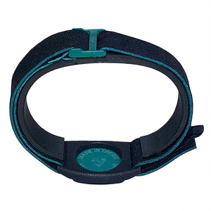 Reverse of Dexband CGM armband for Dexcom G7 and ONE+ sensors with teal cover and black neoprene strap. LML4047, LML4054, LML4061, LML5044.