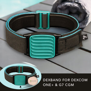 Dexband CGM armband with teal wave cover and neoprene strap, compatible with Dexcom G7 and ONE+ sensors, on wooden lounger in swimming pool setting.