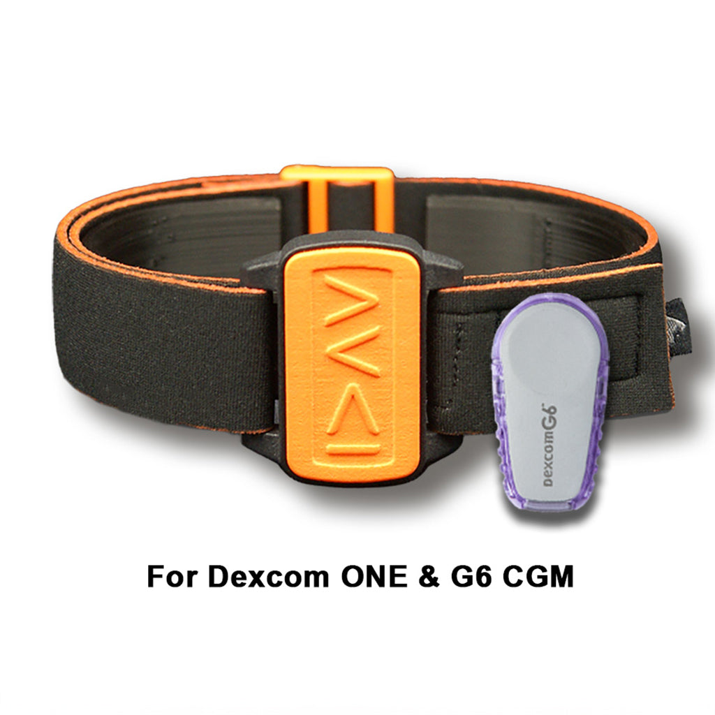 Dexband armband for Dexcom ONE &amp; G6 CGM. Orange cover with I am greater symbols. Shown with Dexcom G6 sensor.