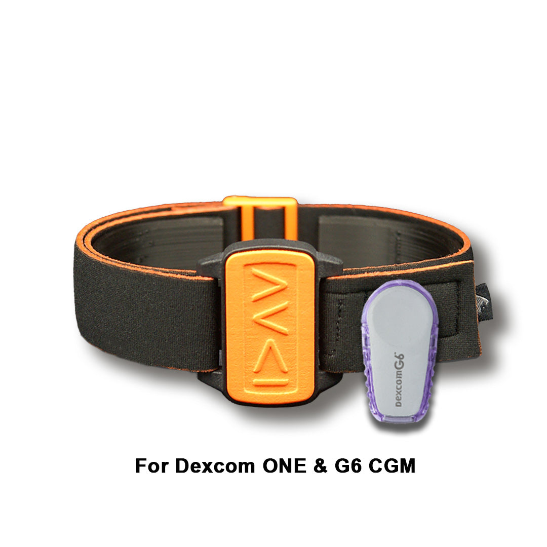 Dexband armband for Dexcom ONE &amp; G6 CGM. Orange cover with I am greater symbols. Shown with Dexcom G6 sensor.