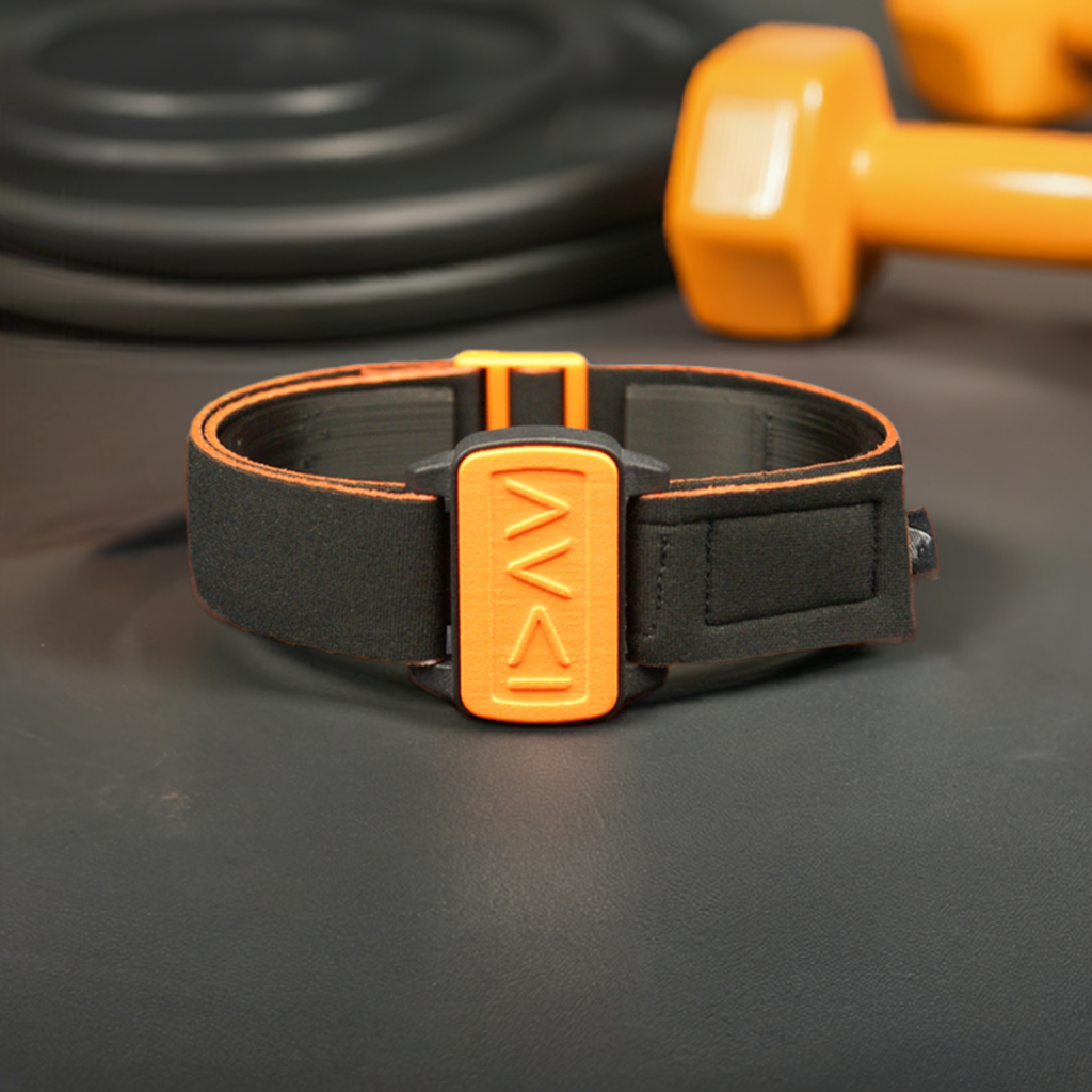 Dexband for Dexcom G6 CGM with I am Greater style orange cover and black neoprene strap.