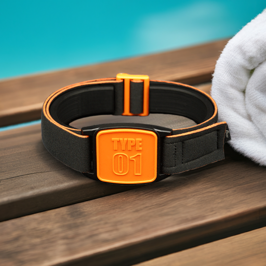 Libreband Armband for Freestyle Libre 1 & 2. Orange cover with TYPE 01 design.