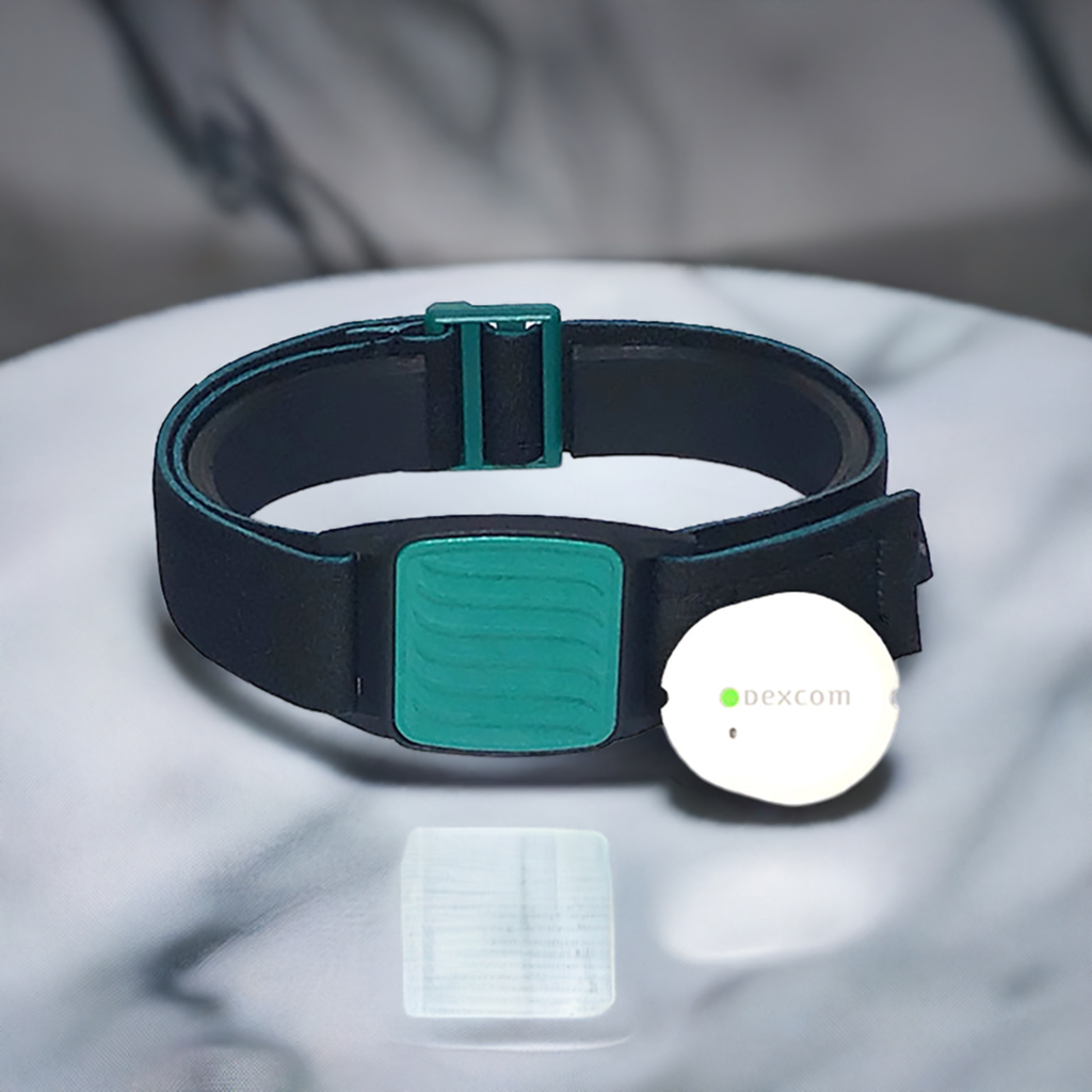 Dexband armband for Dexcom G7 CGM. Teal cover with Wave design. Shown with Dexcom G7 sensor.