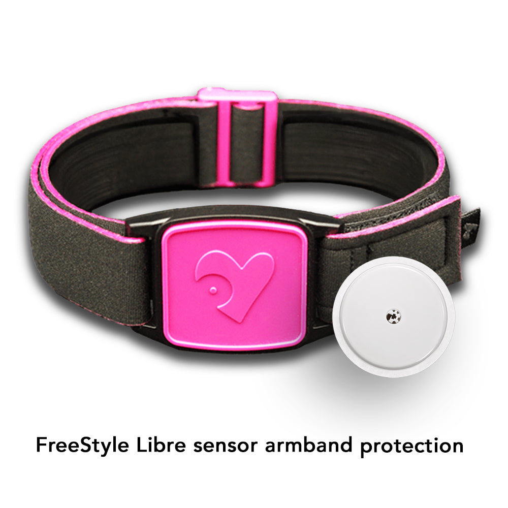 Libreband Armband for Freestyle Libre 1 &amp; 2. Magenta cover with Heart design. Shown with FreeStyle Libre sensor. LML2388, LML2371, LML2920, LML4481.