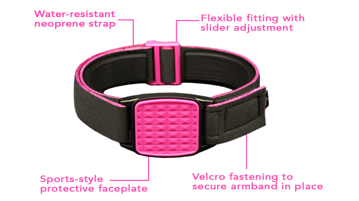 Libreband Armband features highlighted. Magenta cover with Pyramids design.