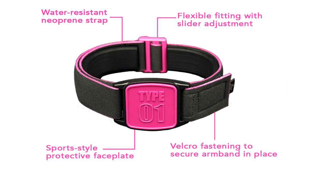 Libreband Armband features highlighted. Magenta cover with Type 01 design.