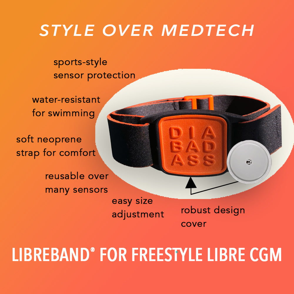 Features of Orange Diabadass armband for Libre 2 cgm. LML4542, LML4153, LML4146, LML4139.